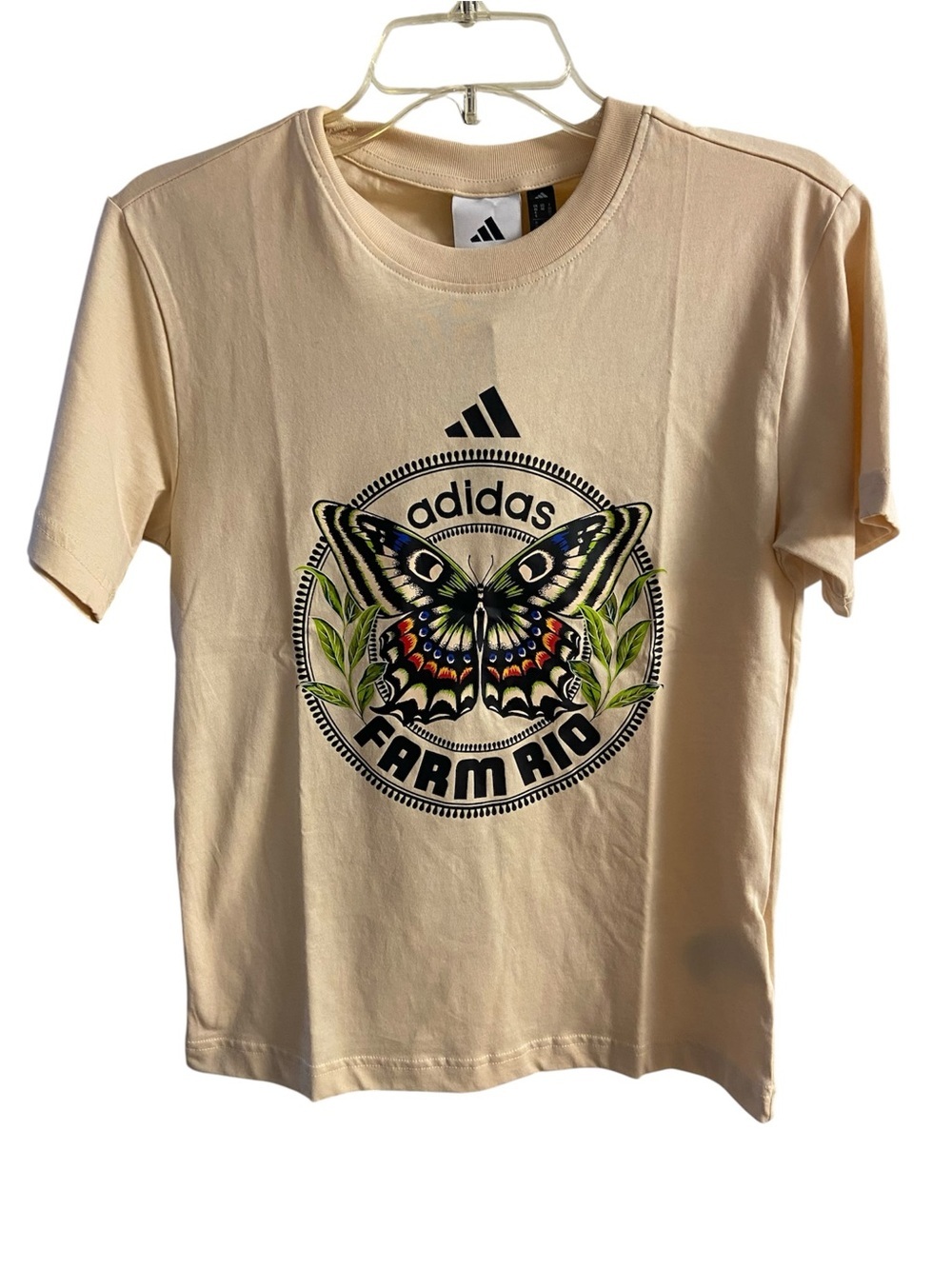 Farm Rio + Adidas cream t shirt butterfly print cotton XS/S NWT
